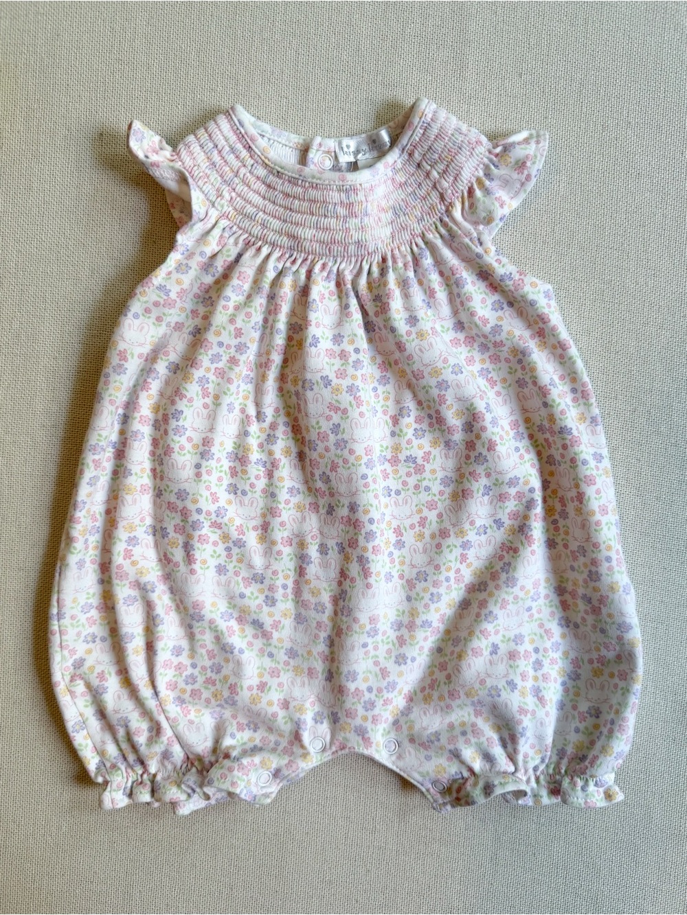 Kissy Kissy Pima Cotton Floral Bunny Print Smocked Playsuit Romper 3-6M